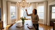 Woman adjusting chandelier crystals in bright living room