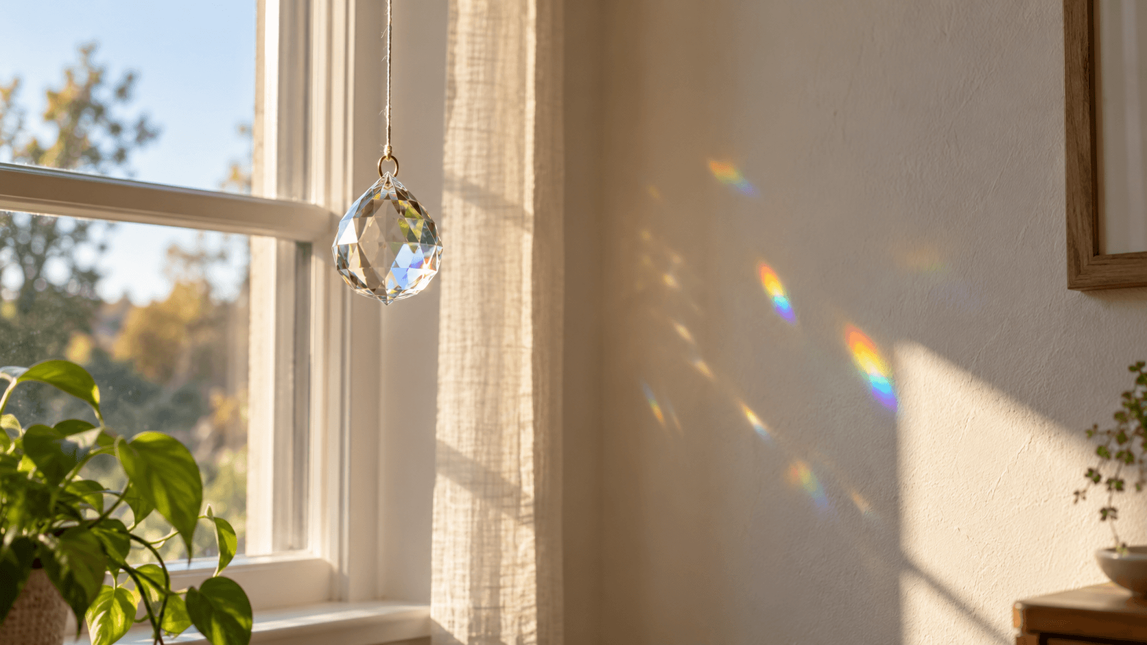 Illustrative faceted crystal hanging beside a sunny window, with small rainbow reflections on a wall.