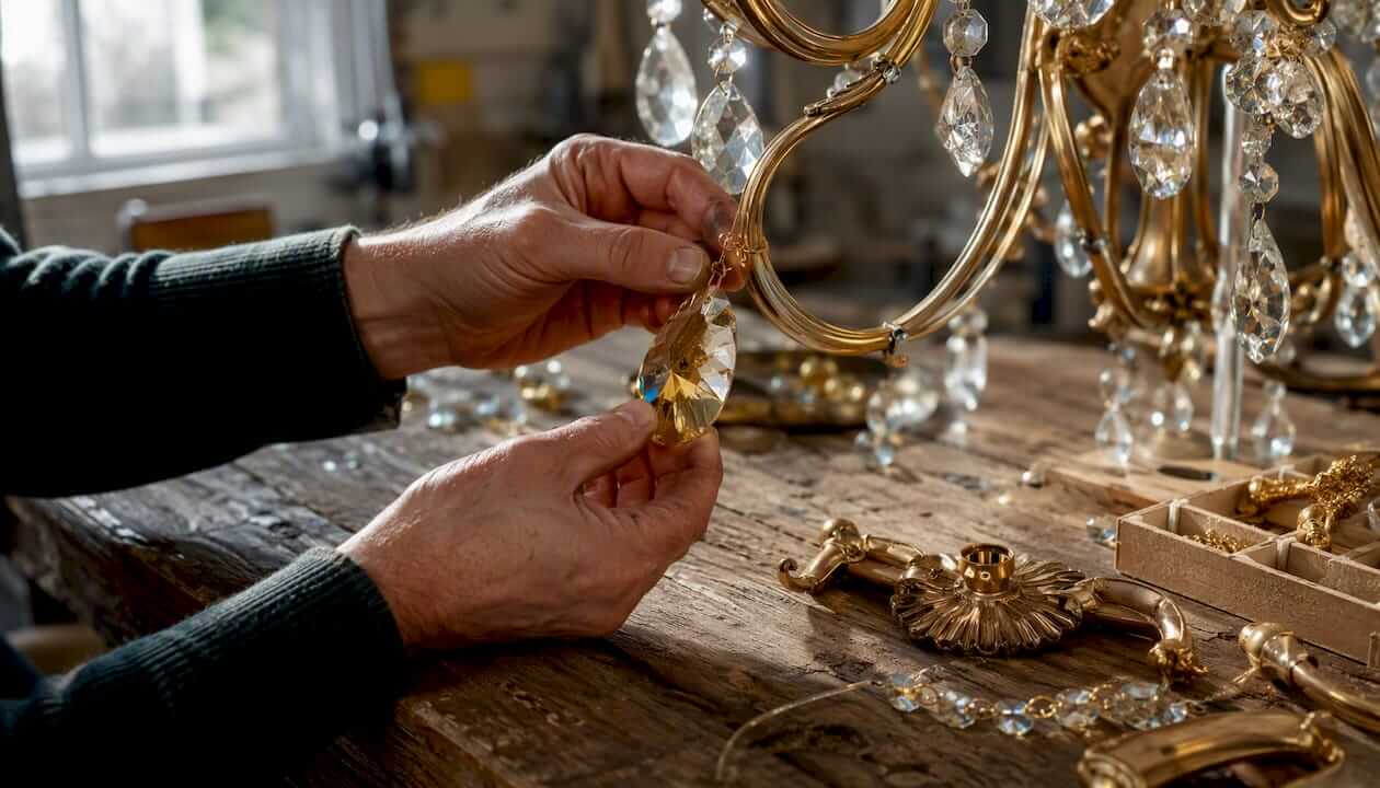 Hands fitting crystal prism onto chandelier frame