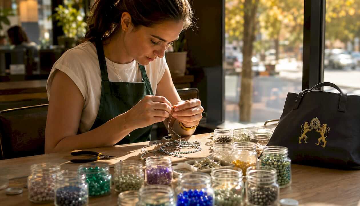 Woman threading crystal beads at craft table