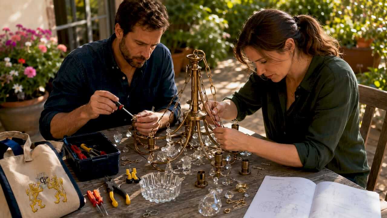 Two people assembling chandelier frame on floor