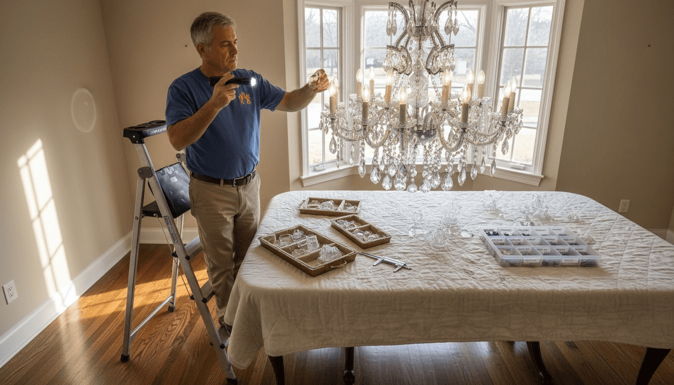 Technician repairing chandelier crystals in dining room