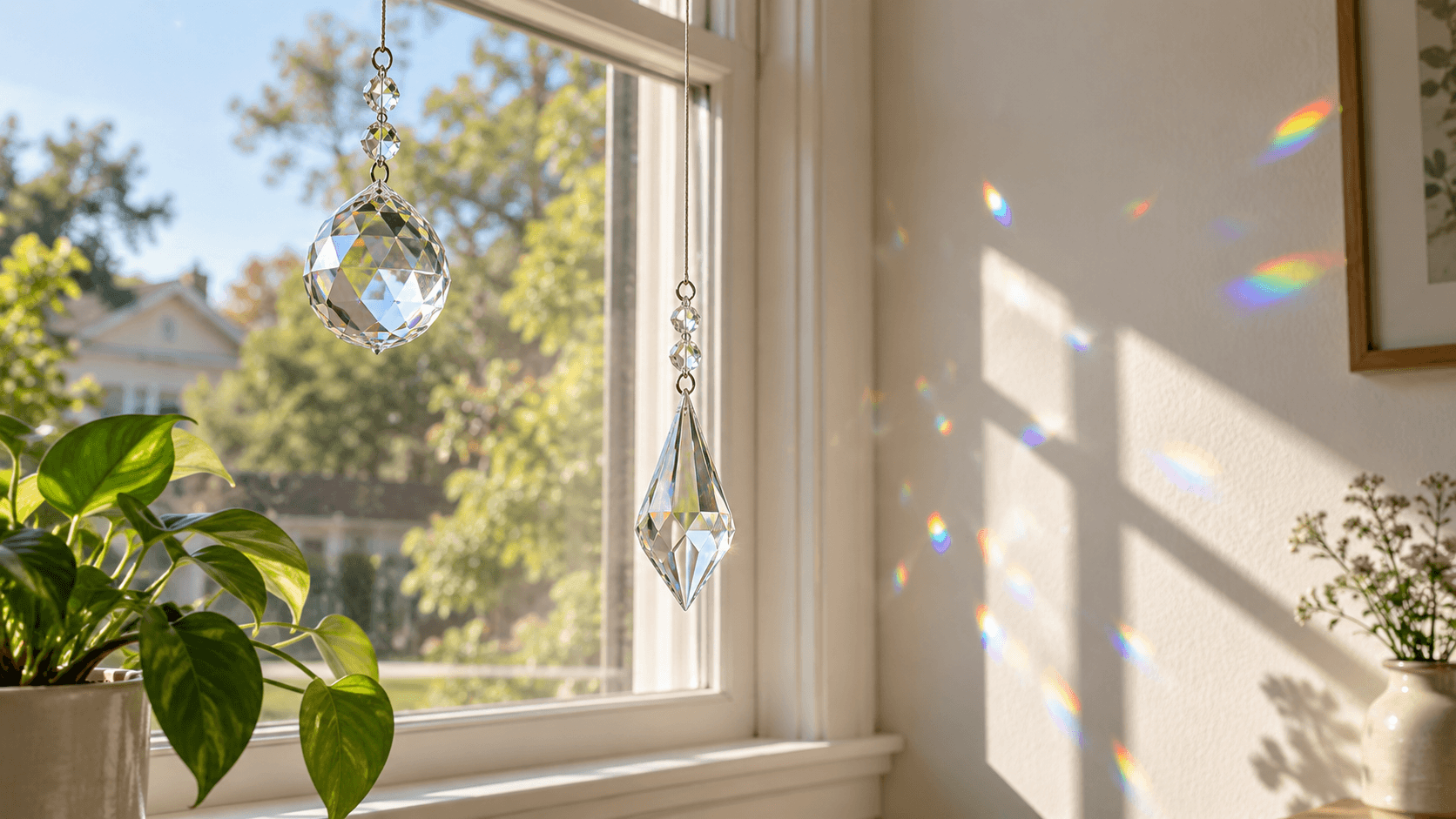 Illustrative pair of clear crystal suncatchers hanging apart in a window with small rainbow reflections on a wall.