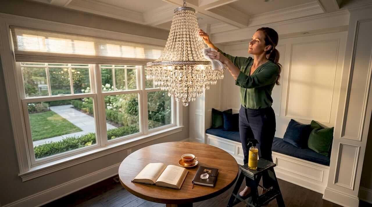 Woman cleaning chandelier in elegant dining room