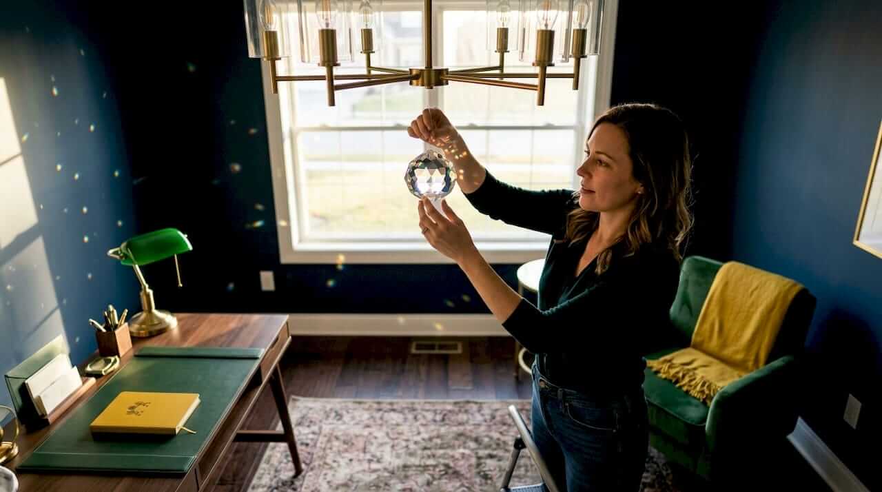 Homeowner placing crystal ornament above light