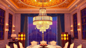 Large crystal chandelier illuminating an ornate dining room