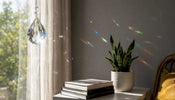 Crystal suncatcher casting rainbow light in living room