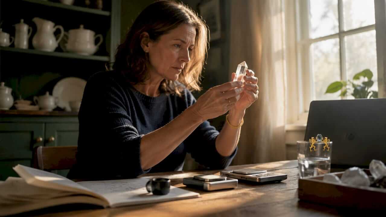 Woman examining crystal with jeweler tools at home