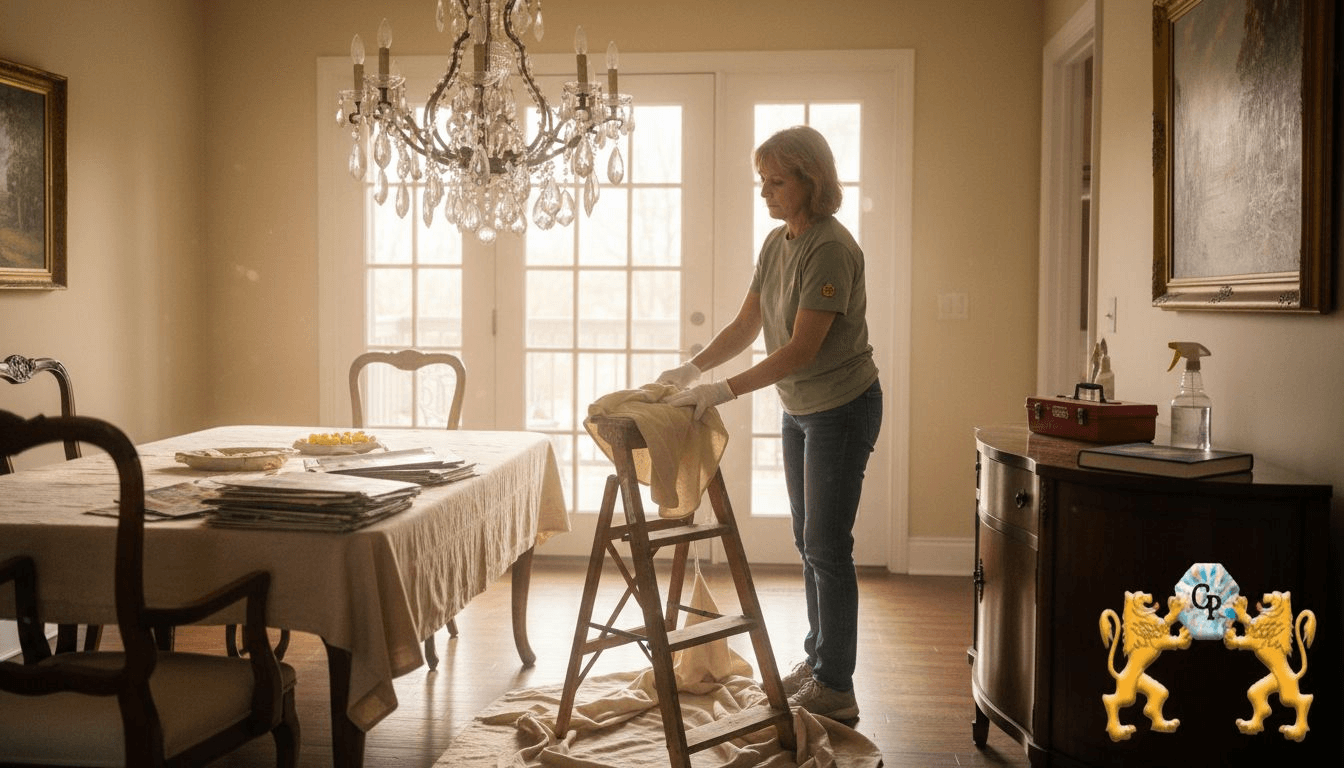 Homeowner preparing chandelier cleaning workspace