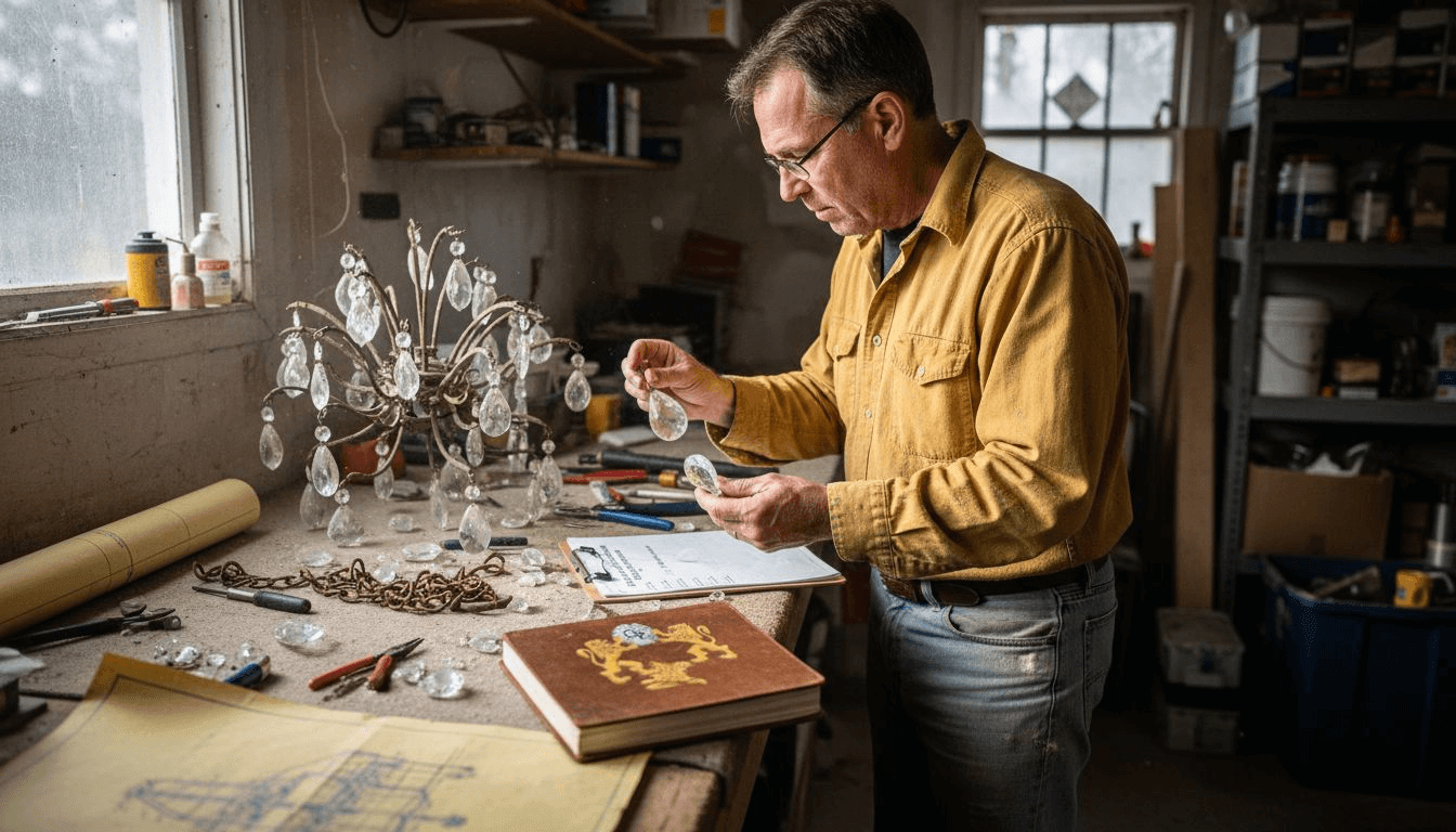 Man checking chandelier parts for repair