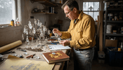 Man checking chandelier parts for repair