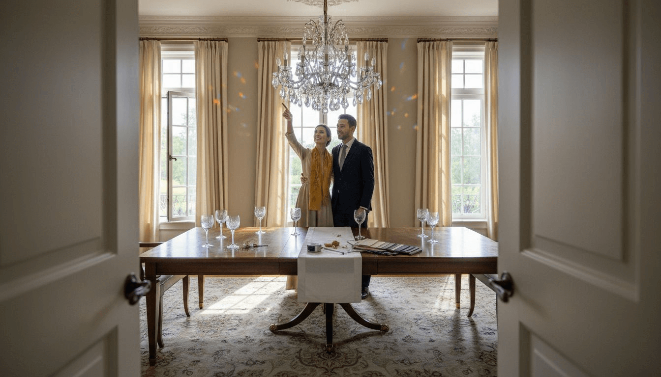 Couple admiring custom chandelier in dining room