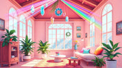Hanging crystal ornaments casting colorful light across a room