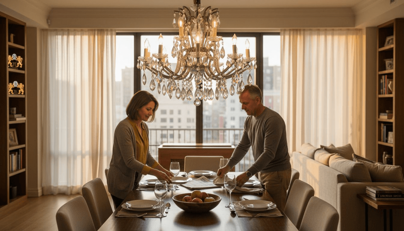 Crystal chandelier sparkling in urban living room