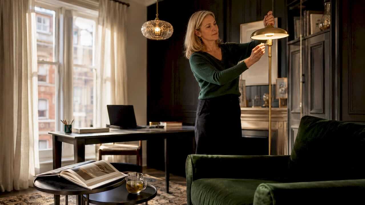 Woman adjusting floor lamp in living room