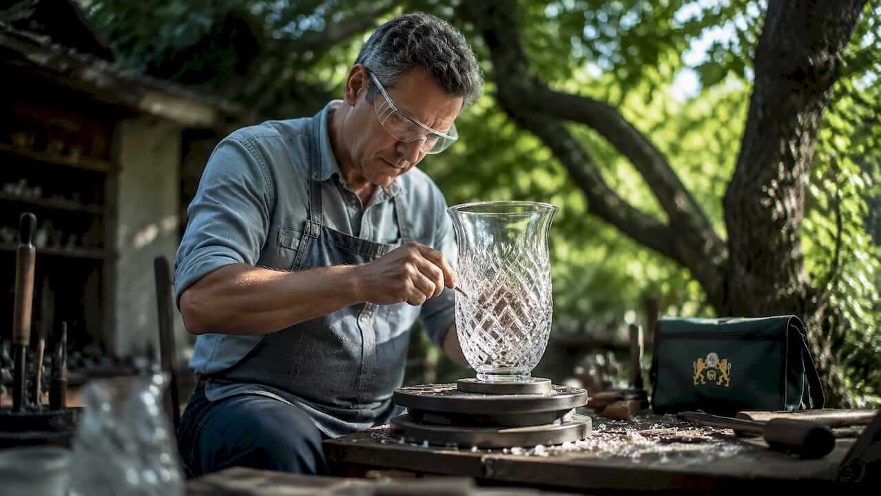 Crystal craftsman hand-cutting crystal vase in workshop