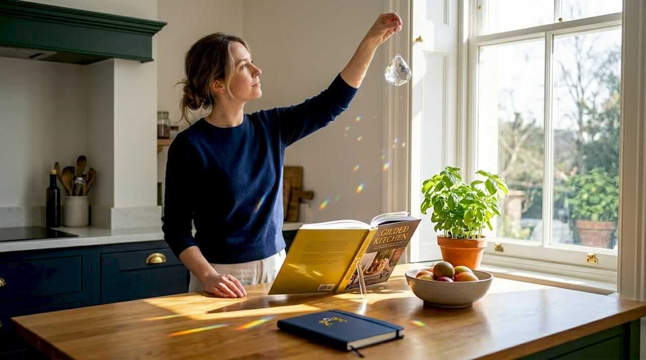 Woman installing crystal prism in sunny living room