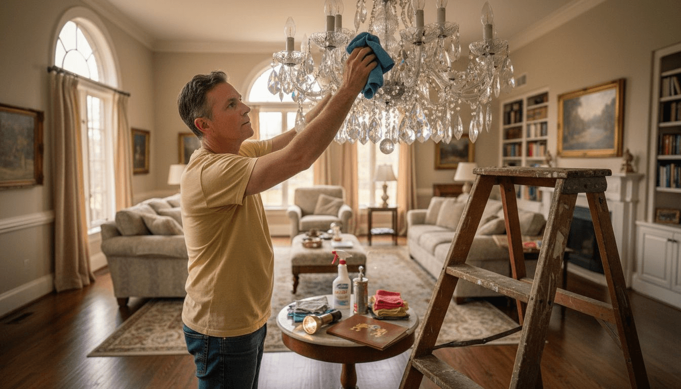 Homeowner cleaning crystal chandelier prisms