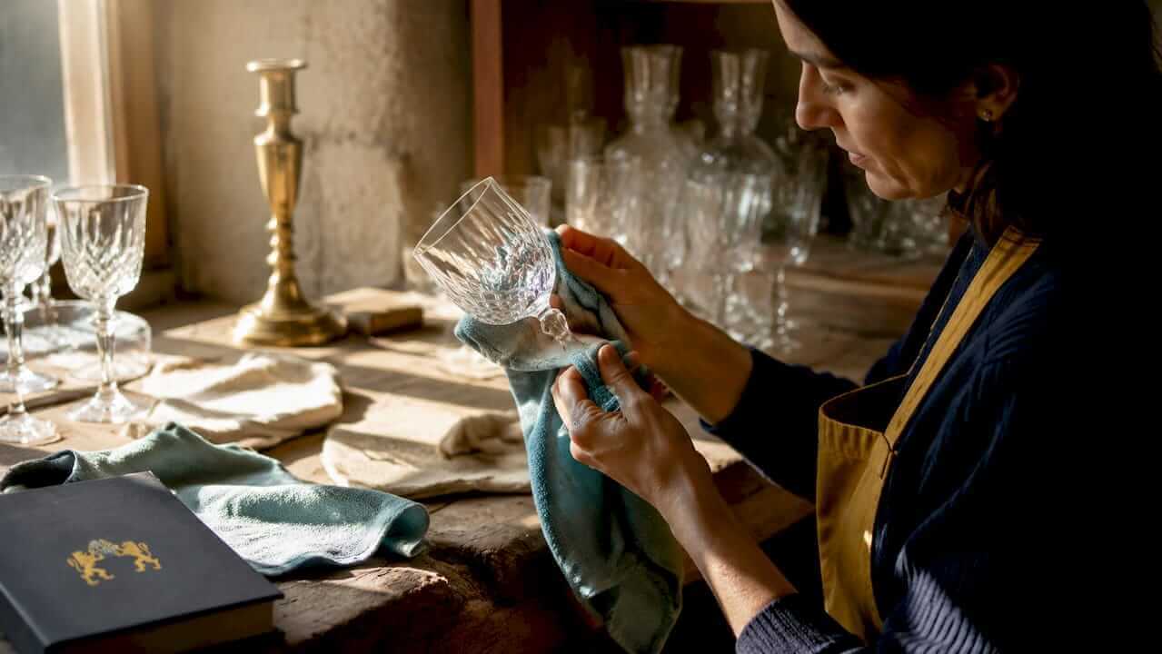 Artisan polishing lead crystal wine glass