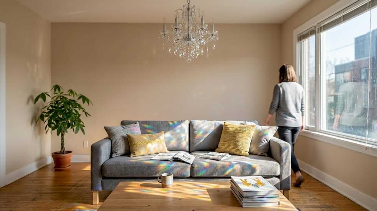 Crystal chandelier spreading light in lived-in room