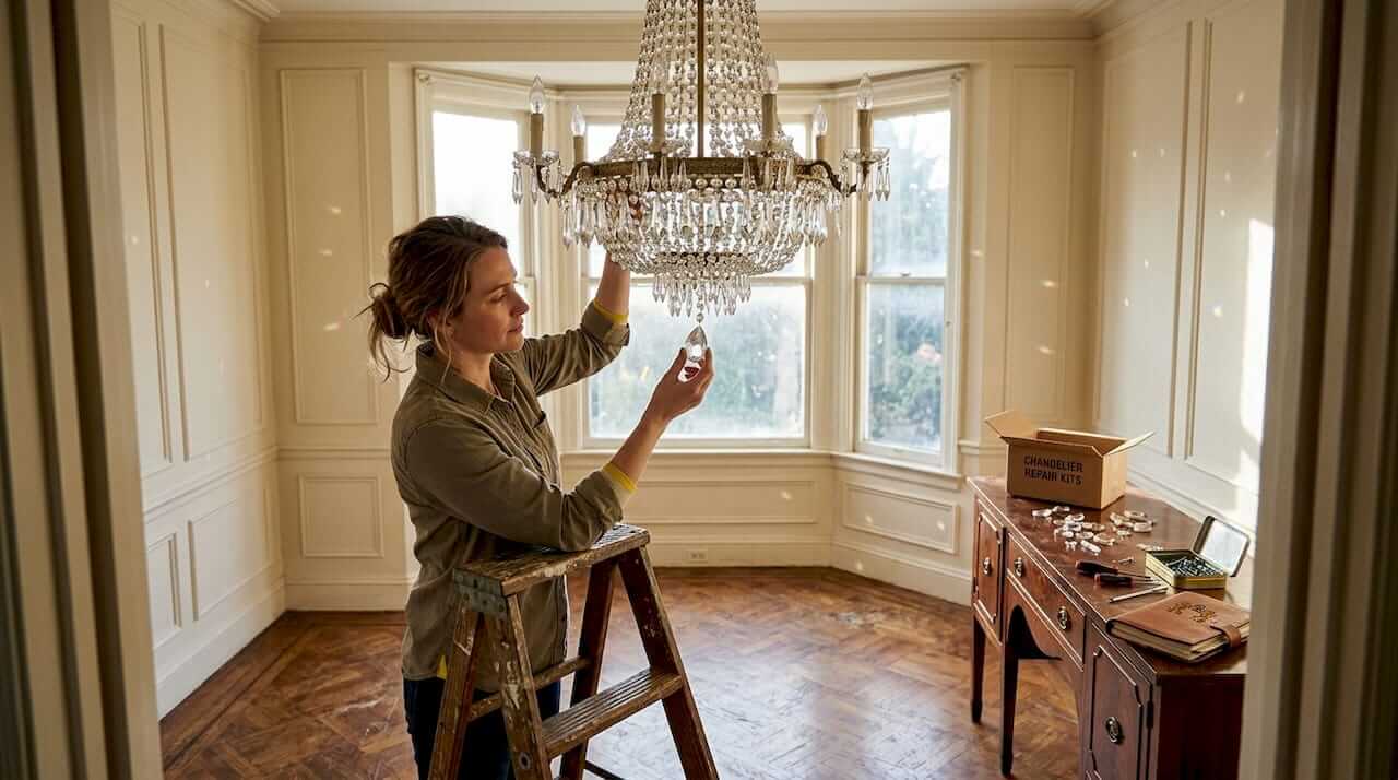 Person inspecting crystal chandelier in elegant dining room