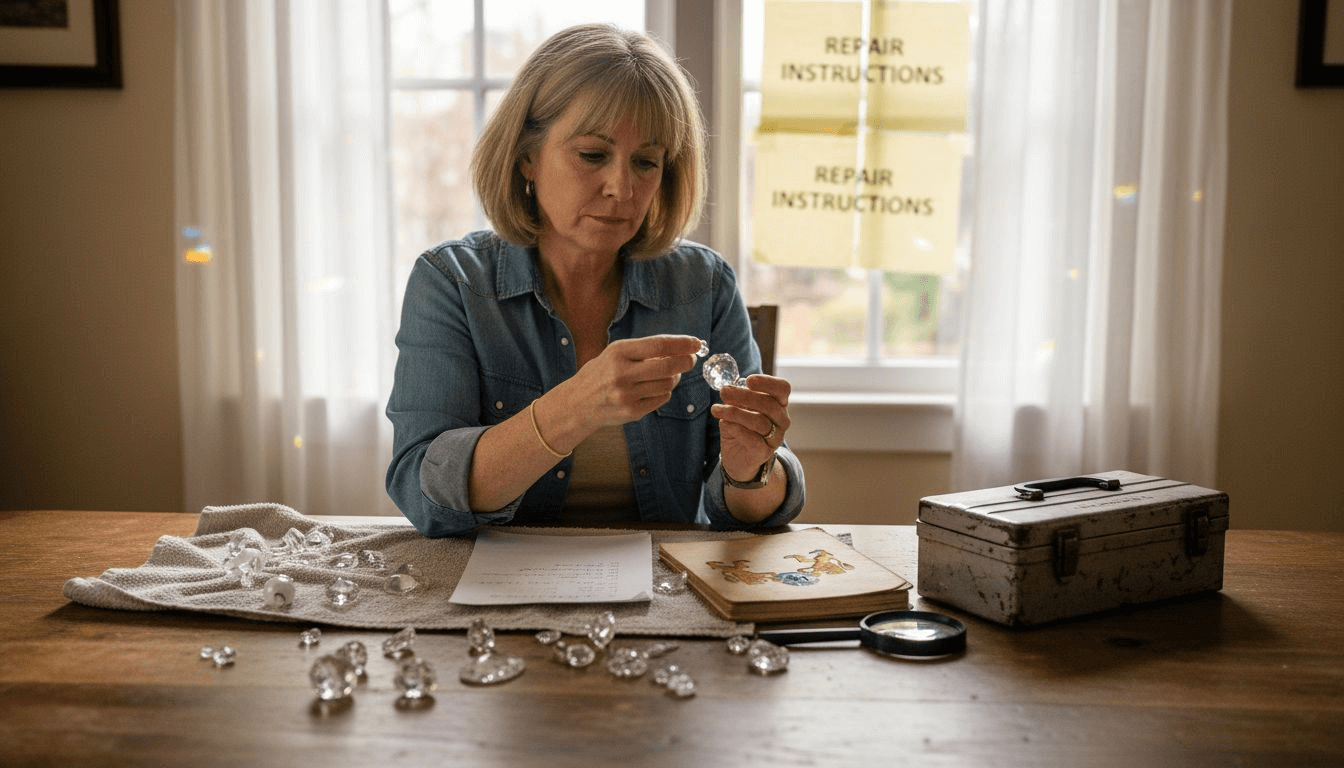 Woman inspecting chandelier crystals for repair