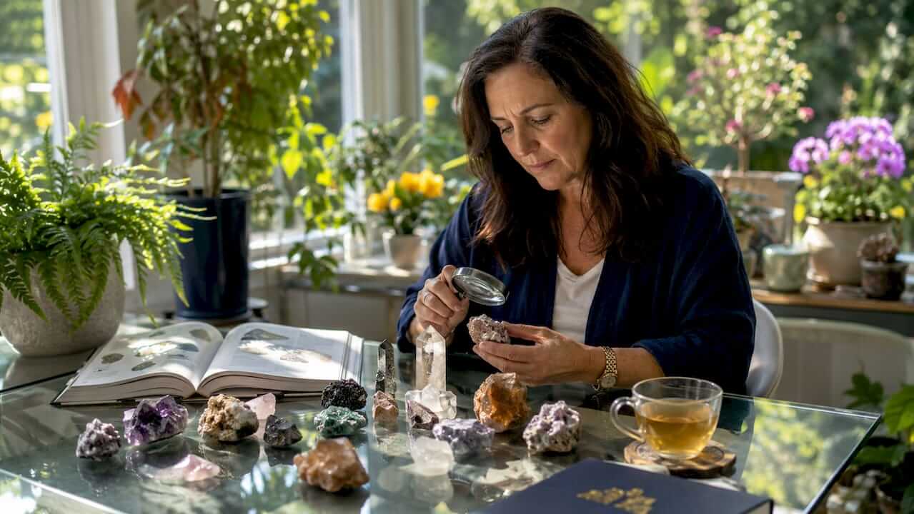 Woman examining natural crystals at home table