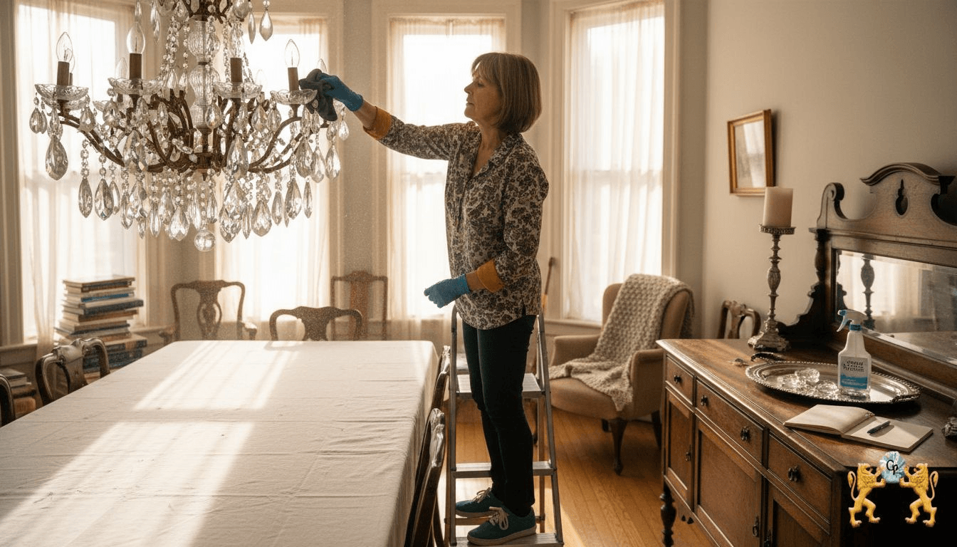 Woman cleaning chandelier crystals with gloves on
