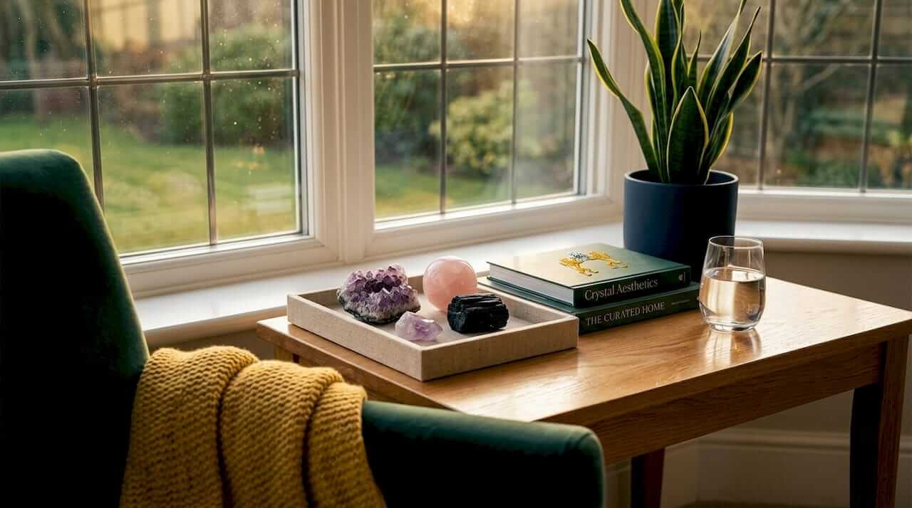 Natural crystal display on sunlit living room table