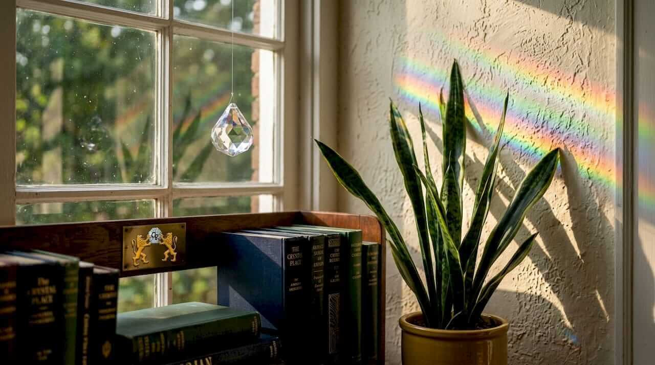 Prism casting rainbow in sunny living room