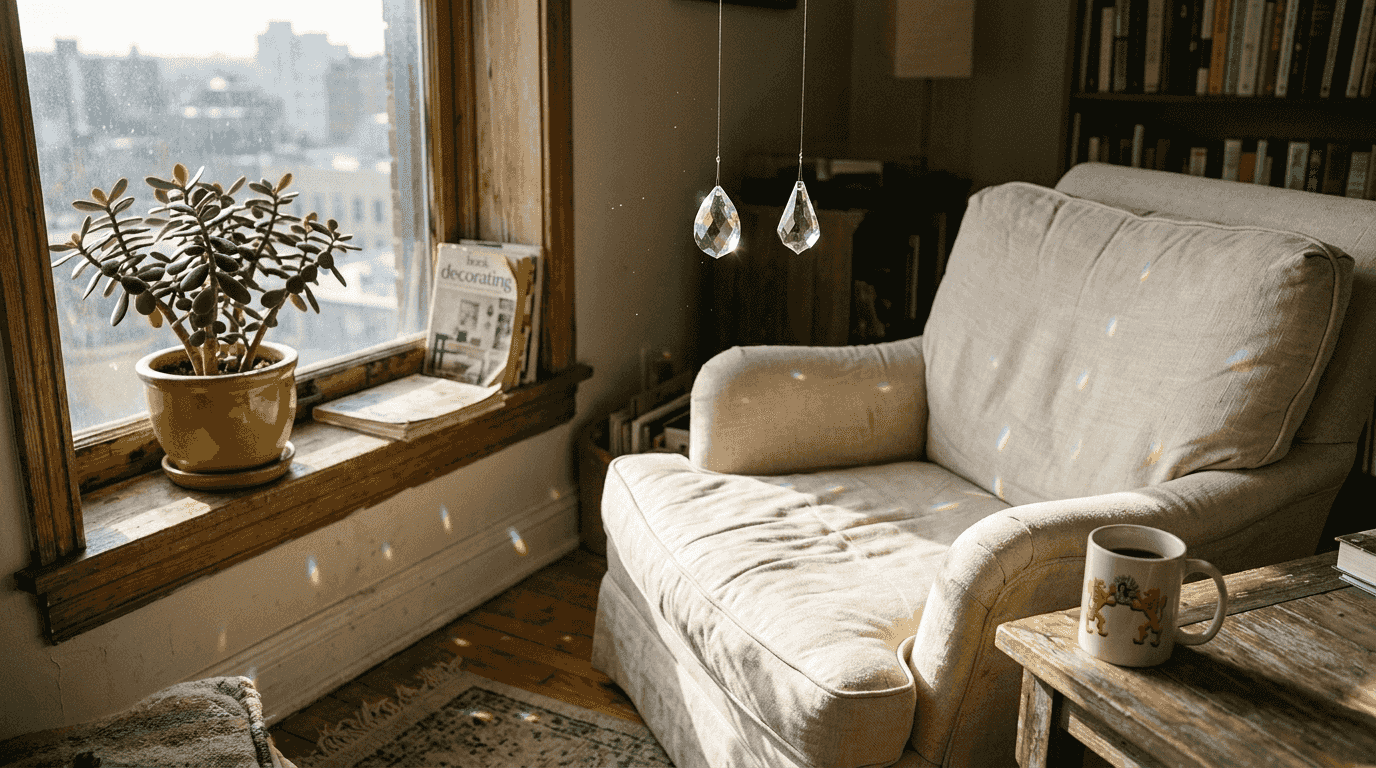 Sunlit crystal prisms casting rainbows indoors