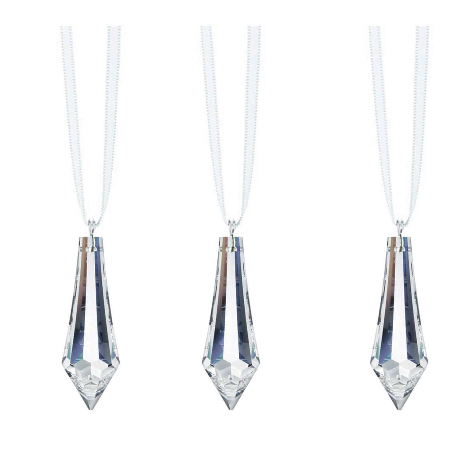 Three clear crystal drop prisms with white hanging ribbons
