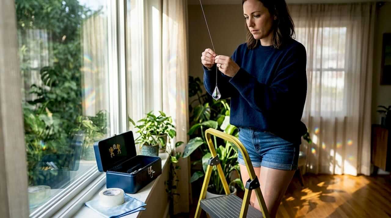 Woman hanging crystal by sunny window with rainbows