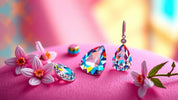 Colorful Swarovski crystal prisms arranged with flowers