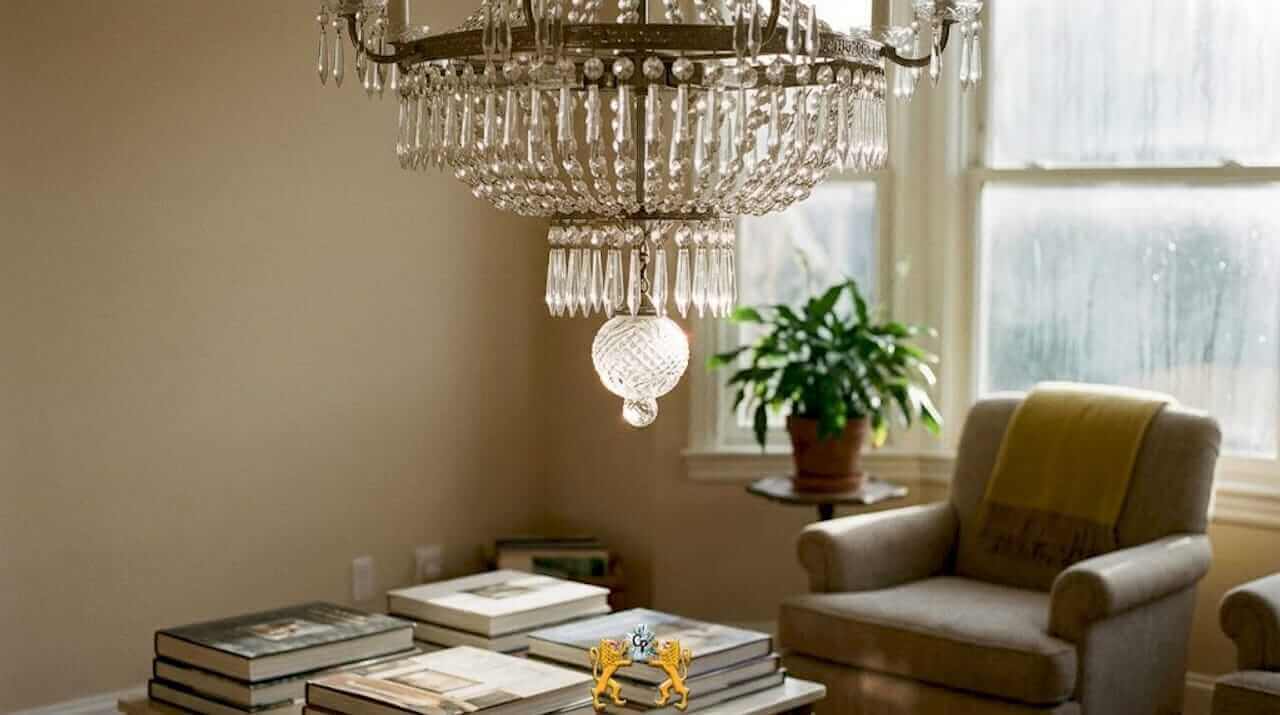 Crystal chandelier finial in elegant living room