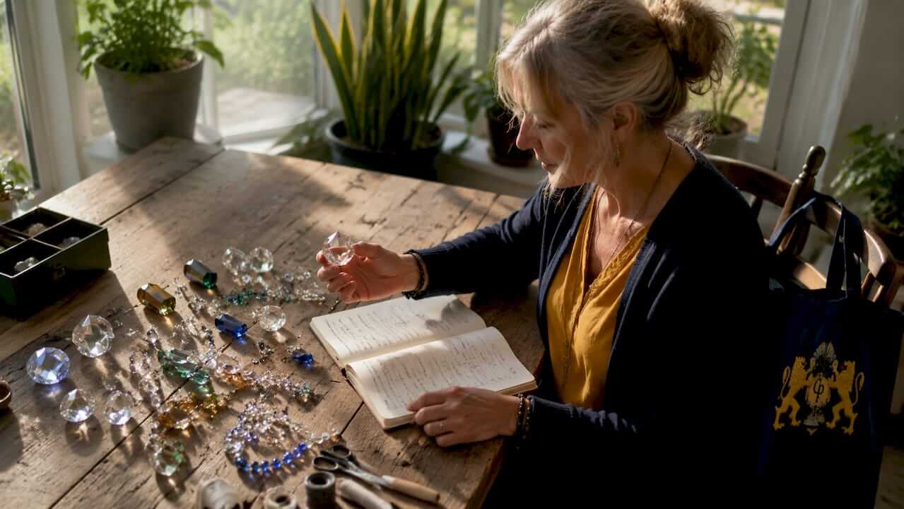 Woman examining crystal decor components at home craft desk