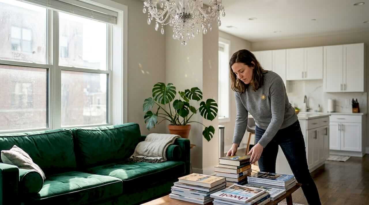 Crystal chandelier in real city living room