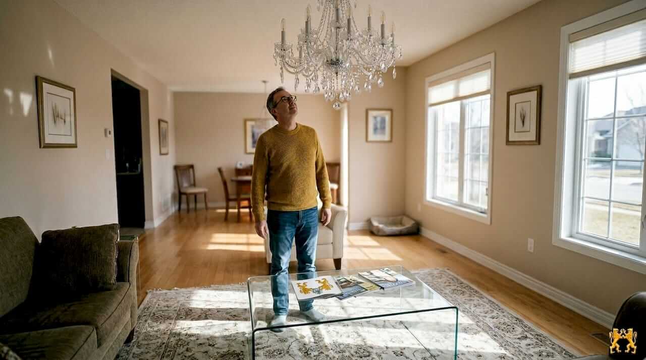 Homeowner admiring crystal chandelier in living room