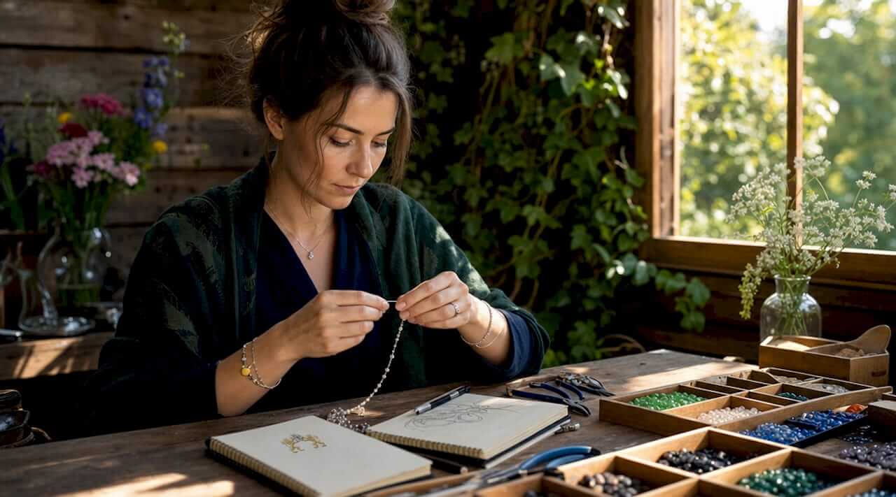 Hands stringing crystal beads on wire