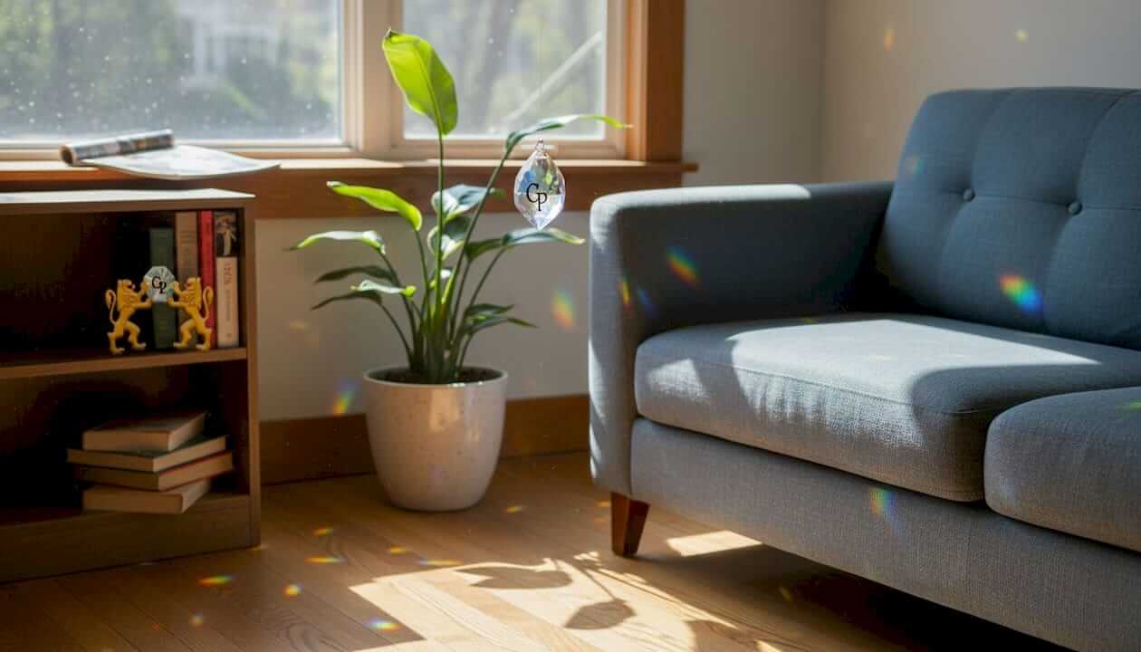 Crystal suncatcher casting rainbows in living room