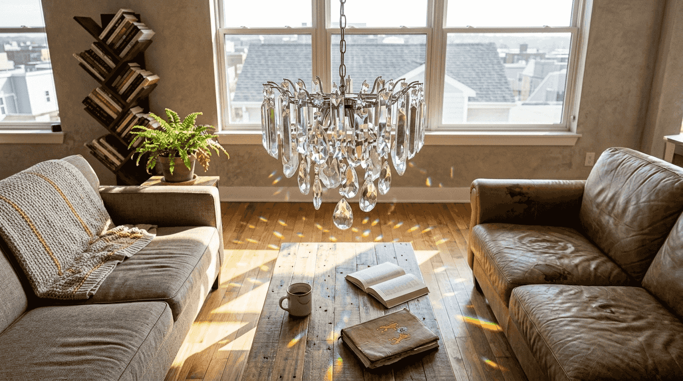 Chandelier crystals sparkling in sunlit living room
