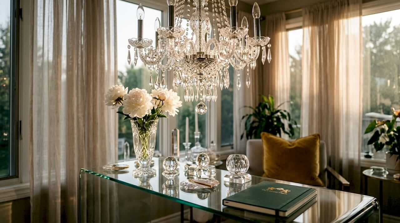 Luxury living room with real crystal chandelier and decor