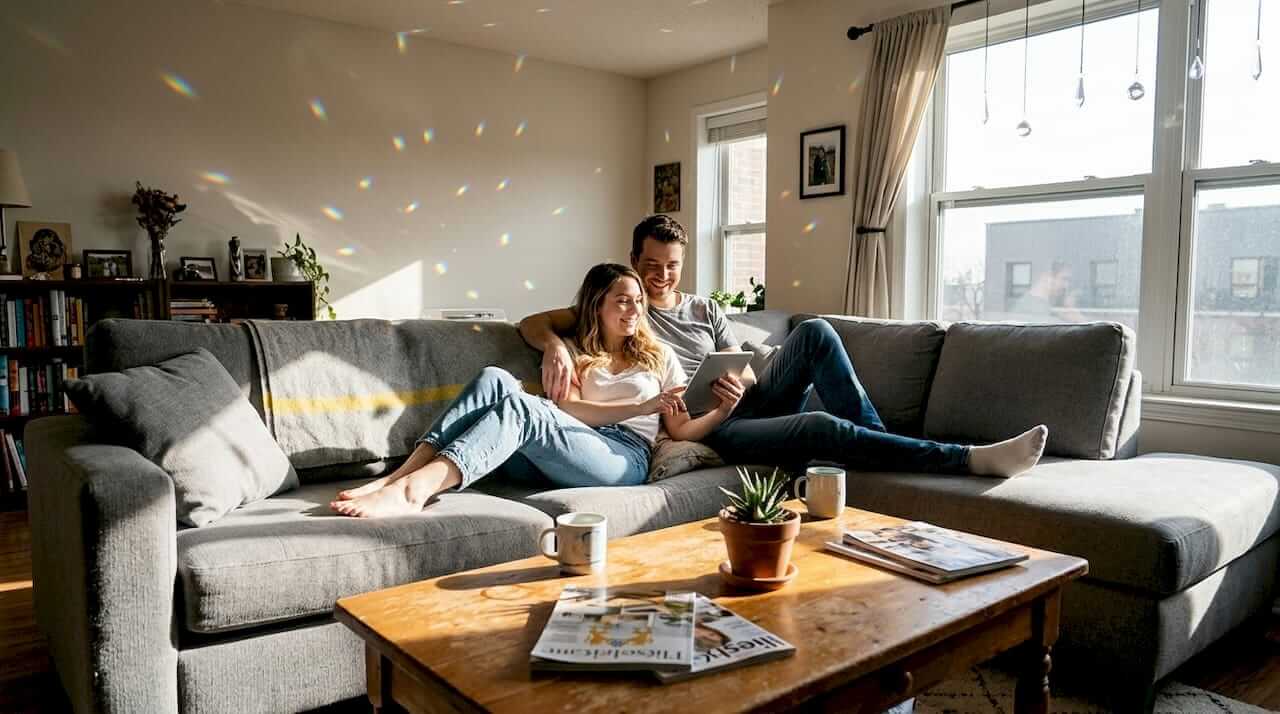 Couple enjoying rainbows from crystal prisms