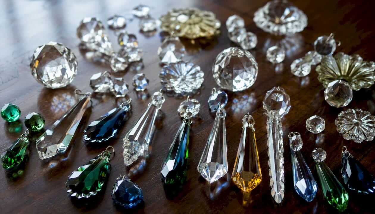 Close-up of chandelier crystal prisms and parts