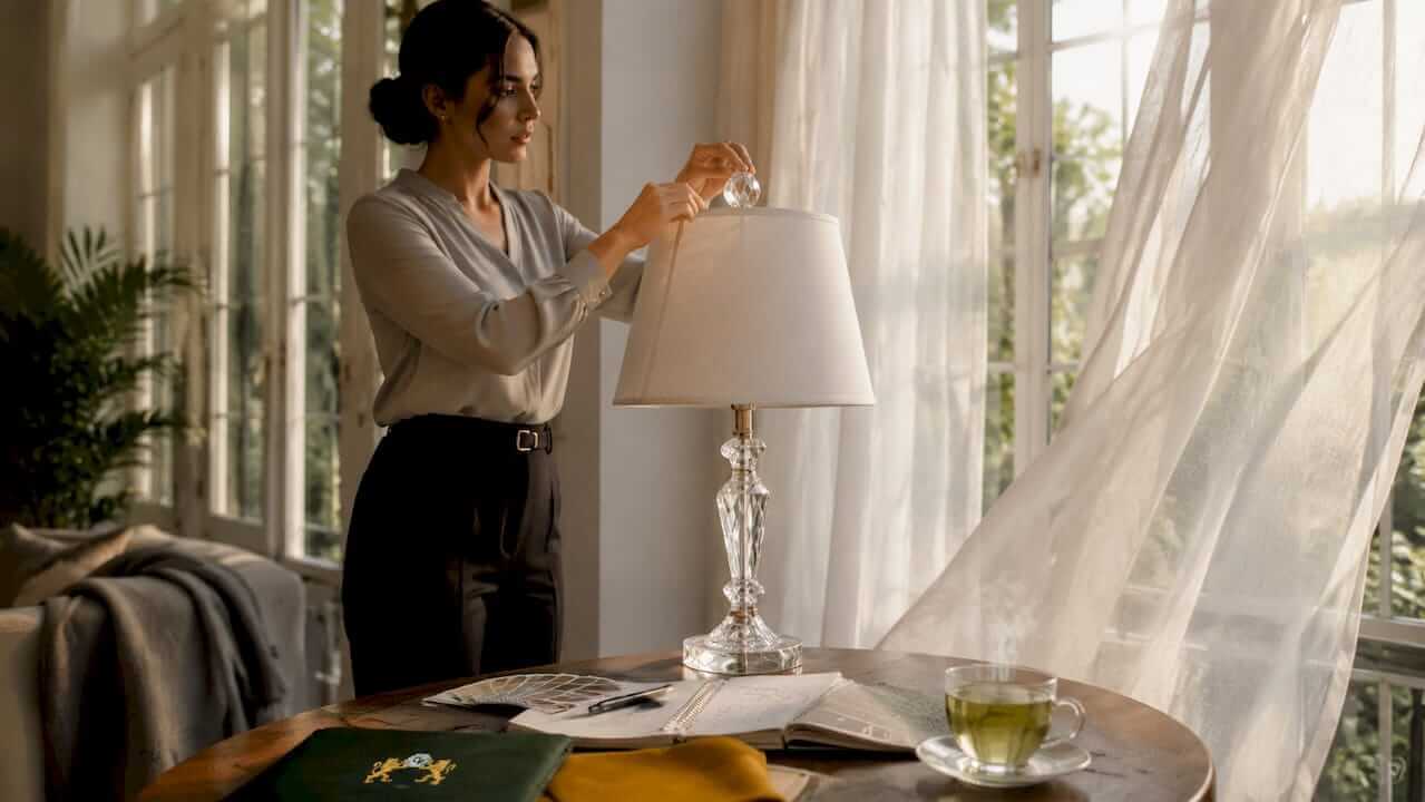 Woman placing crystal finial on lamp