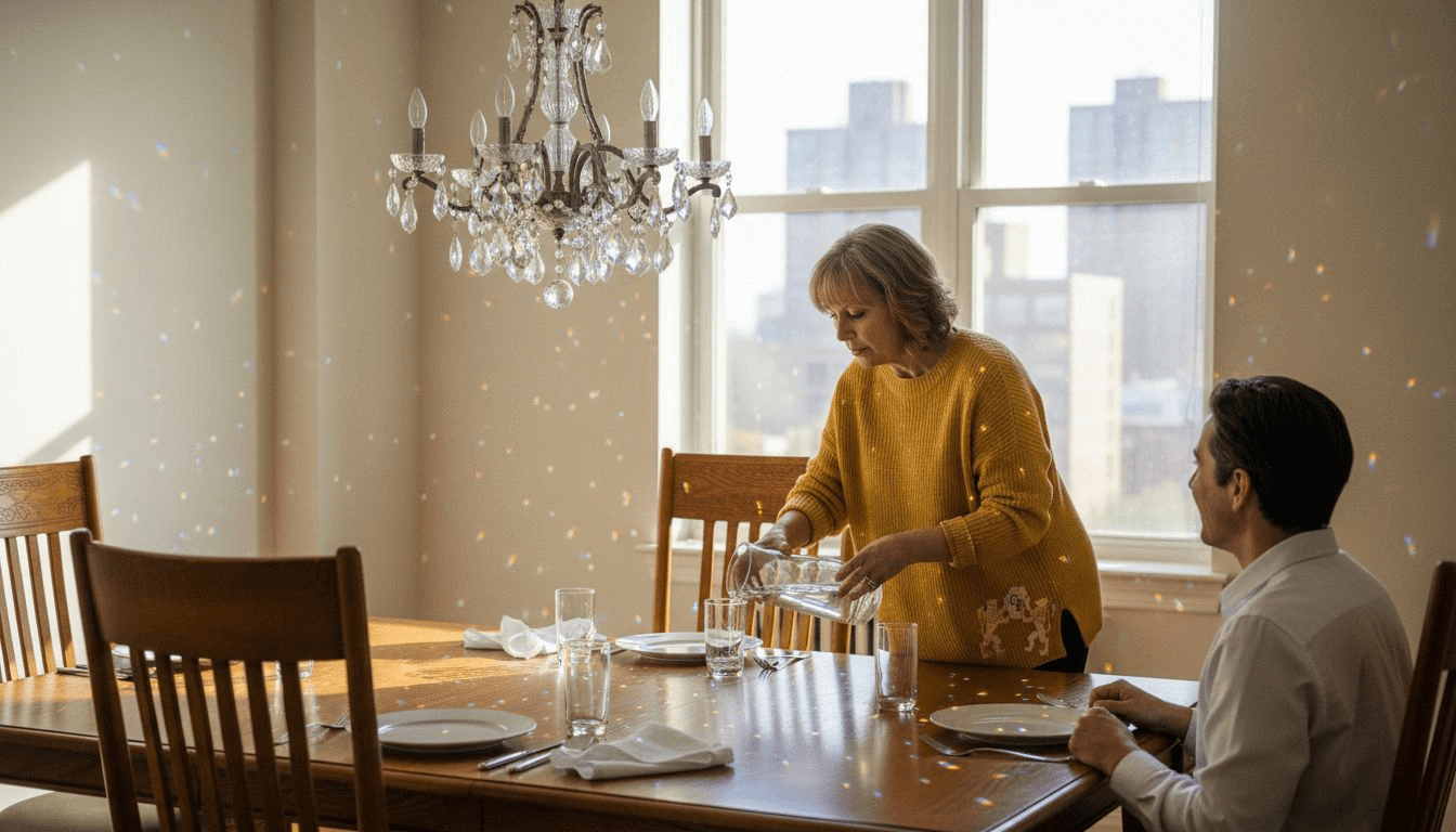 Elegant chandelier crystals in city dining room