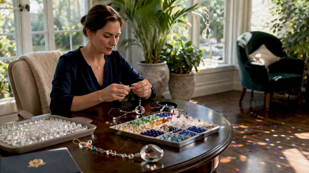 Woman assembling crystal suncatcher beads on wire