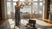 Installer adjusting chandelier crystals in living room