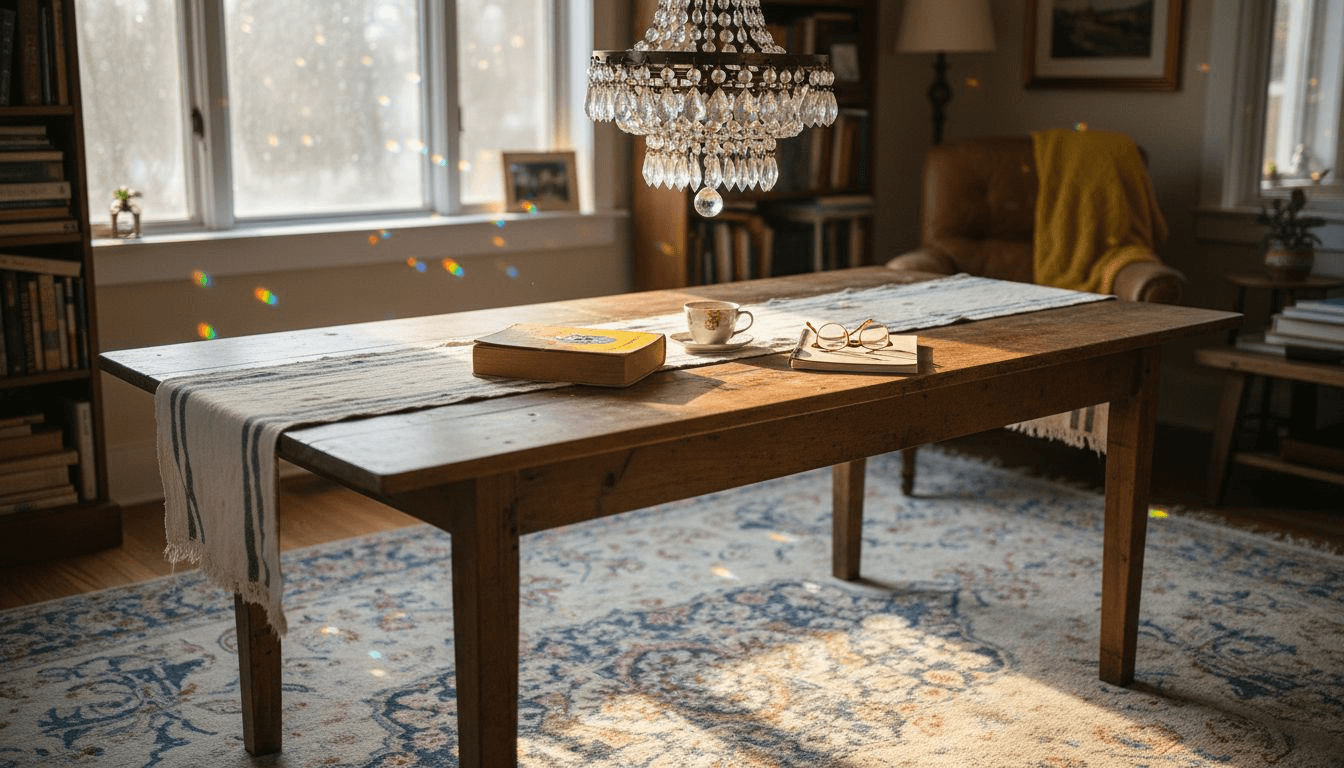 Crystal chandelier above casual lived-in living room