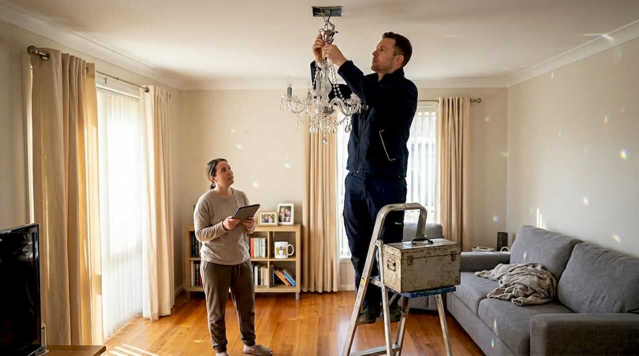 Electrician installing crystal chandelier in living room